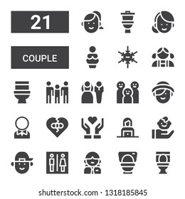 couple icon set. Collection of 21 filled couple icons included Toilet, Woman, Boy, Child, Give love, Broken heart, Groom, Family, Bride, Girl, Negative ion, Venus