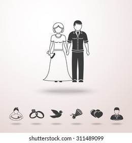 Couple icon with shadow with set of wedding icons -  flowers, dove, rings, couple, bride, hearts, groom. Vector
