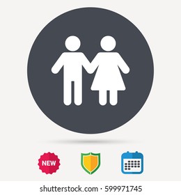 Couple icon. Traditional young family symbol. Calendar, shield protection and new tag signs. Colored flat web icons. Vector