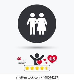 Couple icon. Young family symbol. Family insurance. Star vote ranking. Person with heart. Quotes with message. Vector