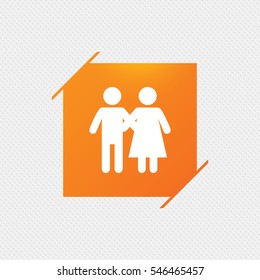 Couple icon. Young family symbol. Family insurance. Orange square label on pattern. Vector