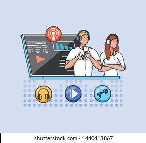 couple with icons of digital audio studio
