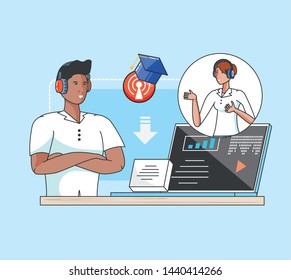couple with icons of digital audio studio