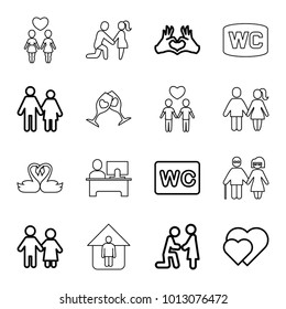 Couple icons. set of 16 editable outline couple icons such as wc, marriage proposal, hearts, heart tag, man in home, table, swan heart