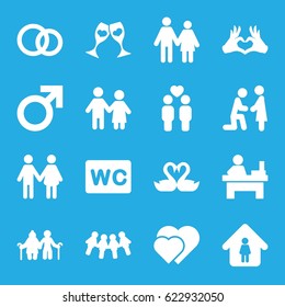 Couple icons set. set of 16 couple filled icons such as male, WC, man in home, table, swan heart, clink glasses, heart tag, engagement rings, family, marriage proposal, hearts