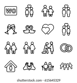 Couple icons set. set of 16 couple outline icons such as WC, man in home, swan heart, clink glasses, heart tag, engagement rings, family, marriage proposal, hearts