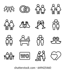 Couple icons set. set of 16 couple outline icons such as wc, table, swan heart, clink glasses, heart tag, engagement rings, family, marriage proposal, hearts