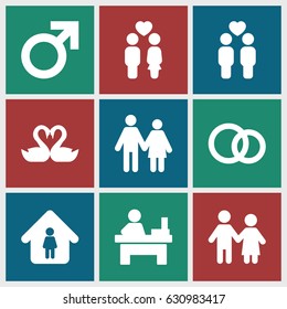 Couple icons set. set of 9 couple filled icons such as male, man in home, table, swan heart