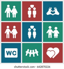 Couple icons set. set of 9 couple filled icons such as wc, heart tag, family, hearts