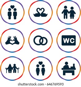 Couple icons set. set of 9 couple filled icons such as wc, table, swan heart, heart tag