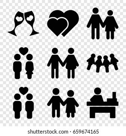 Paar Symbole gesetzt. Set von 9 Pärchen-Symbolen wie Tisch, Brille, Familie, Herzen