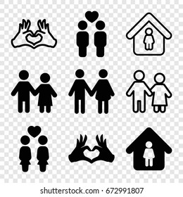 Couple icons set. set of 9 couple filled and outline icons such as man in home, heart tag