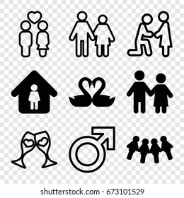 Couple icons set. set of 9 couple filled and outline icons such as man in home, swan heart, male, couple, clink glasses, children