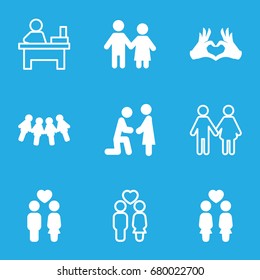 Couple icons set. set of 9 couple filled and outline icons such as heart tag, table, family, marriage proposal