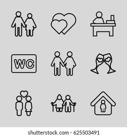 Couple icons set. set of 9 couple outline icons such as WC, man in home, table, clink glasses, family