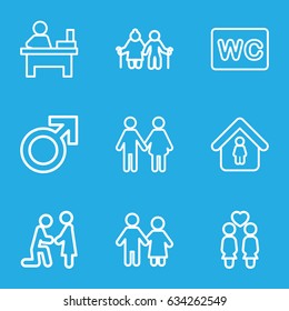 Couple icons set. set of 9 couple outline icons such as male, wc, man in home, table, family