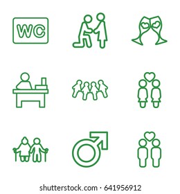 Couple icons set. set of 9 couple outline icons such as male, wc, table, clink glasses, marriage proposal