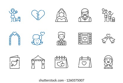 couple icons set. Collection of couple with bride, wedding day, valentines day, wedding arch, wedding invitation, love birds, wedding video. Editable and scalable couple icons.