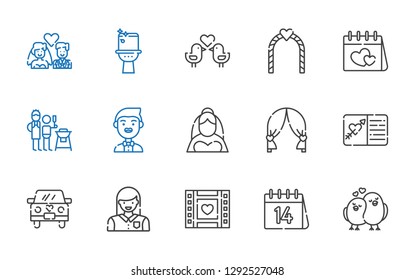 couple icons set. Collection of couple with love birds, valentines day, wedding video, woman, wedding car, wedding invitation, arch. Editable and scalable couple icons.