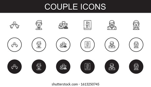 couple icons set. Collection of couple with love birds, groom, newlyweds, toilet, woman, bride. Editable and scalable couple icons.