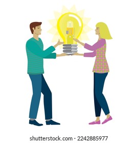Couple with idea. Isolated on white. Vector illustration.