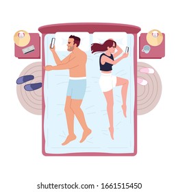 Pareja ignorando y usando smartphones en cama semi plano RGB ilustración vector de color. adicción al gadget. Esposa con marido tirada de atrás a la espalda y charlando con un personaje de caricatura aislado sobre fondo blanco