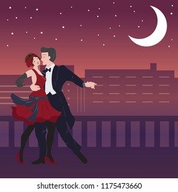 couple illustration, 1920's flapper girl dancing with a gentleman with city landscape as background