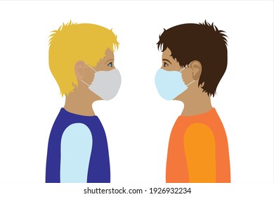Couple of illustration of boys with medical mask. Symbol of children and covid-19.