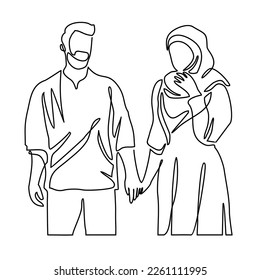 Couple illustration in continuous line art drawing style. Man and women in love with Minimalist black linear design isolated on white background. Vector illustration