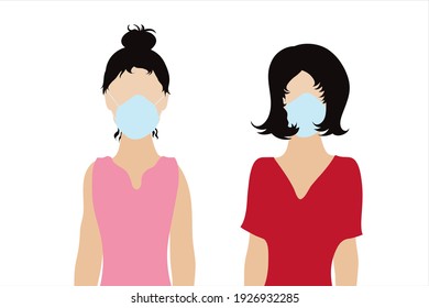Couple of illustration of women with medical mask. Symbol of adults and covid-19.