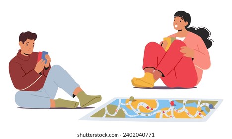 Couple Immersed In Joy, Sitting Cross-legged On The Floor, Playing Board Game with Pieces And Cards, Character Sharing Delightful Moments Of Play And Connection. Cartoon People Vector Illustration