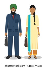 Couple of indian businessman and businesswoman standing together on white background in flat style. Business team and teamwork concept. Flat design people characters. Vector illustration.