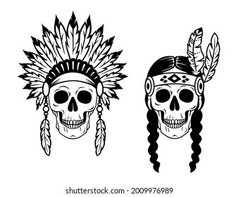 Couple of indian skulls. Male and female skulls in tribal style. Native American vector illustration. Print for posters, card, tshirt for Halloween or The day of the Dead. Silhouette design.