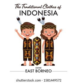 A couple of Indonesian boy and girl are wearing east borneo traditional clothes and waving their hand