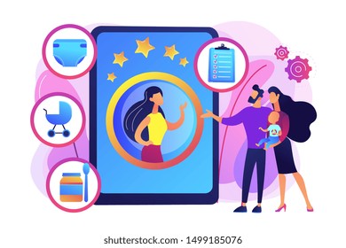 Couple With Infant, Parents Choosing Professional Babysitter. Babysitting Services, Personal Childcare Services, Hire A Reliable Sitter Concept. Bright Vibrant Violet Vector Isolated Illustration