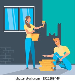 couple in interior of house under construction vector illustration design