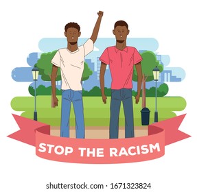 couple of interracial men stop racism campaign vector illustration design