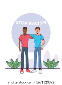 couple of interracial men stop racism campaign vector illustration design