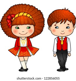 Couple of Irish dancer kids in traditional dress and soft shoes, vector illustration