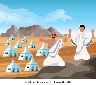 couple of islamic persons in desert landscape vector illustration design svg