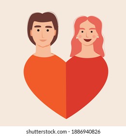 Couple isolated, valentine heart. Flat vector stock illustration. A woman with a man. Cheerful illustration heart head. Couple like a valentine. Girlfriend with boyfriend together