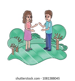 couple isometrics in field landscape avatars characters