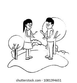 couple isometrics in field landscape avatars characters