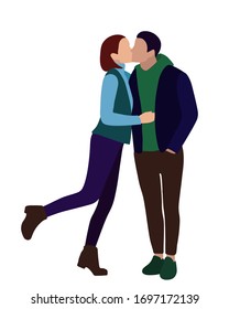 Couple in jackets kisses outside, romantic realistic flat vector.