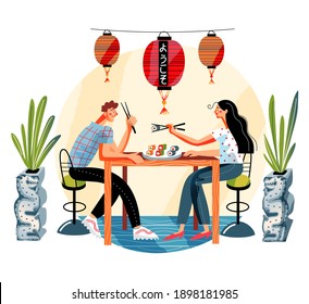 Couple in Japanese sushi restaurant. Young man and woman sitting at table eating on romantic date in cafe. Asian traditional cuisine vector illustration. Modern interior design.