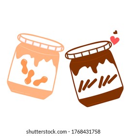 Couple of jars with peanut butter and chocolate cream in flat style. Cupping glass of chocolate nuts cream. Vector art illustration icon chocolate and peanut.