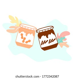 Couple Of Jars With Peanut Butter And Chocolate Cream In Flat Style. Cupping Glass Of Chocolate Nuts Cream. Flat Vector Art Illustration Icon Chocolate And Peanut.