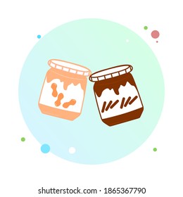 Couple of jars with peanut butter and chocolate cream in circle icon. Cupping glass of chocolate nuts cream in flat style. Vector art illustration icon chocolate and peanut.