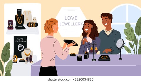 Couple in jewelry store. Happy people choose engagement ring. Seller behind counter shows goods. Wedding jewellery. Jewel necklaces and earrings. Gold bracelets. Garish