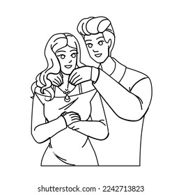 vector de dibujo de lápiz de línea de joyas de pareja. hombre hermoso, mujer regalo, joven feliz, diamante de moda, novio mujer, novia de estilo de vida pareja personaje jovial. Ilustración de personas